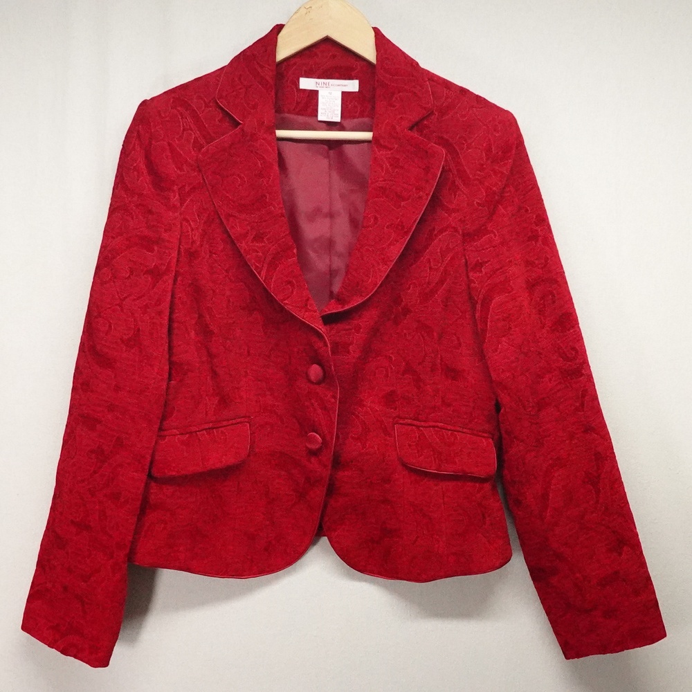 VTG Blazer Womens 12 Red Jacquard Floral Tapestry Tailored Holiday